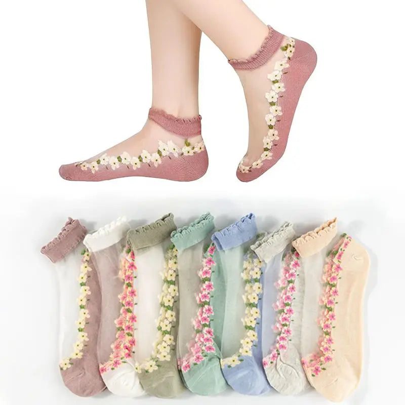7 Pairs Womens Sheer Floral Mesh Ankle Socks – Thin Transparent Ruffle Socks for Summer, Breathable Lace Sock Set for Women & Girls