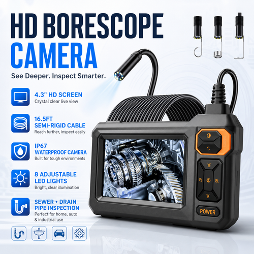 16.5FT Borescope Camera with Light, 4.3" HD Screen, Waterproof Endoscope with 8 LED Lights, Semi-Rigid Cable