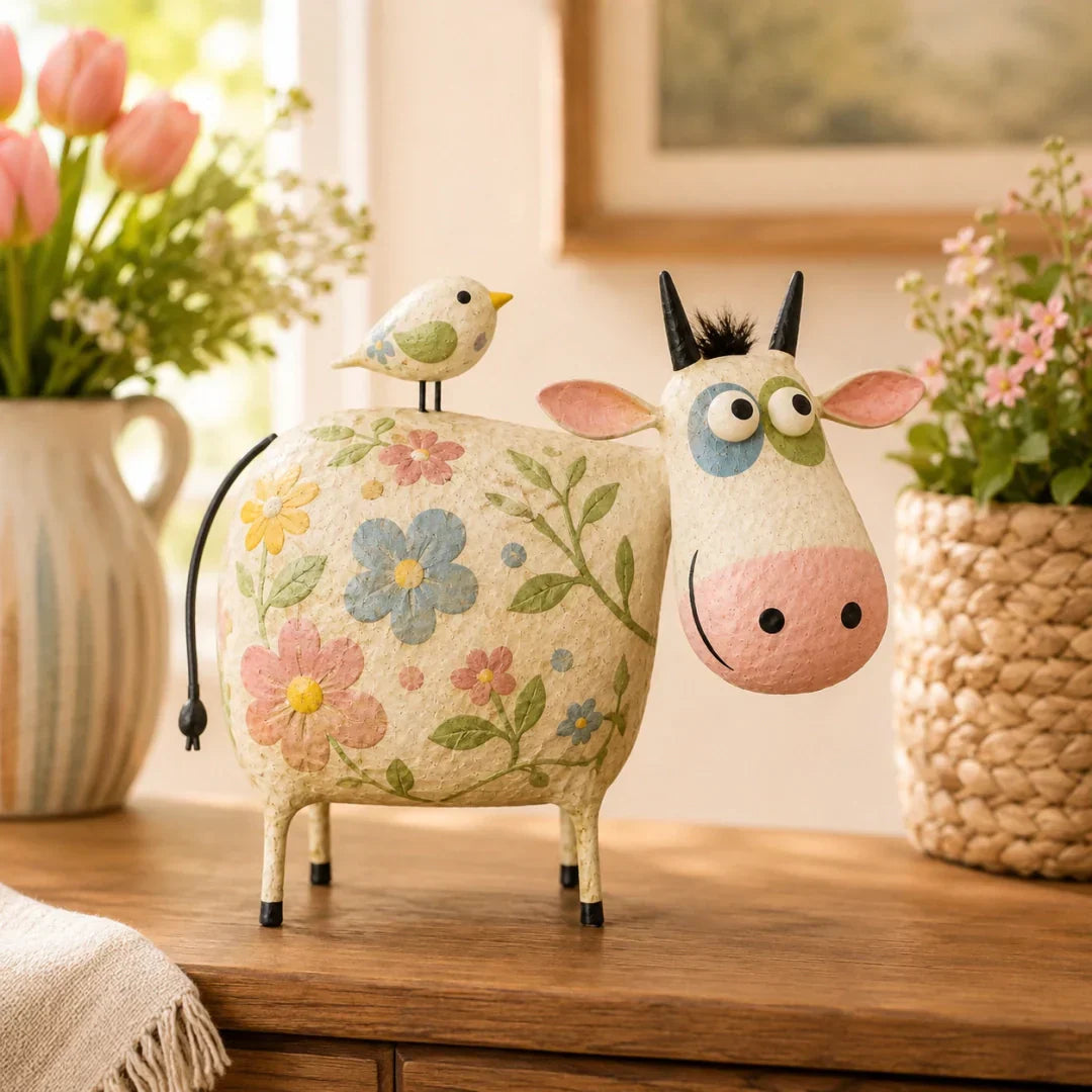 Whimsical Cow & Bird Folk Art Figurine