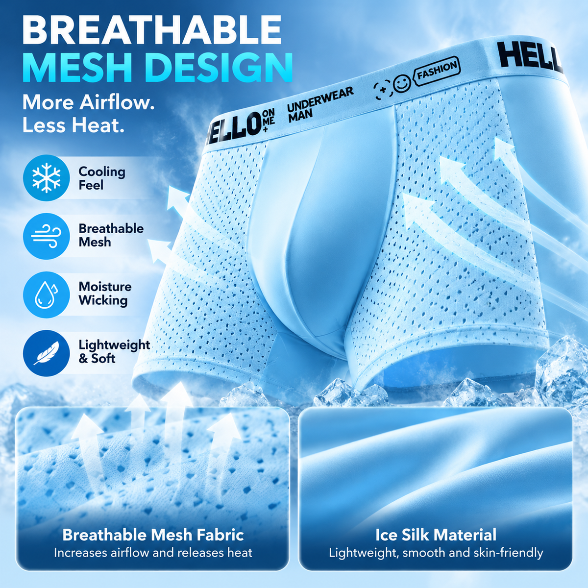 🧊 Men's Ice Silk Cooling Boxer Briefs 6-Pack | Breathable Mesh Comfort Underwear