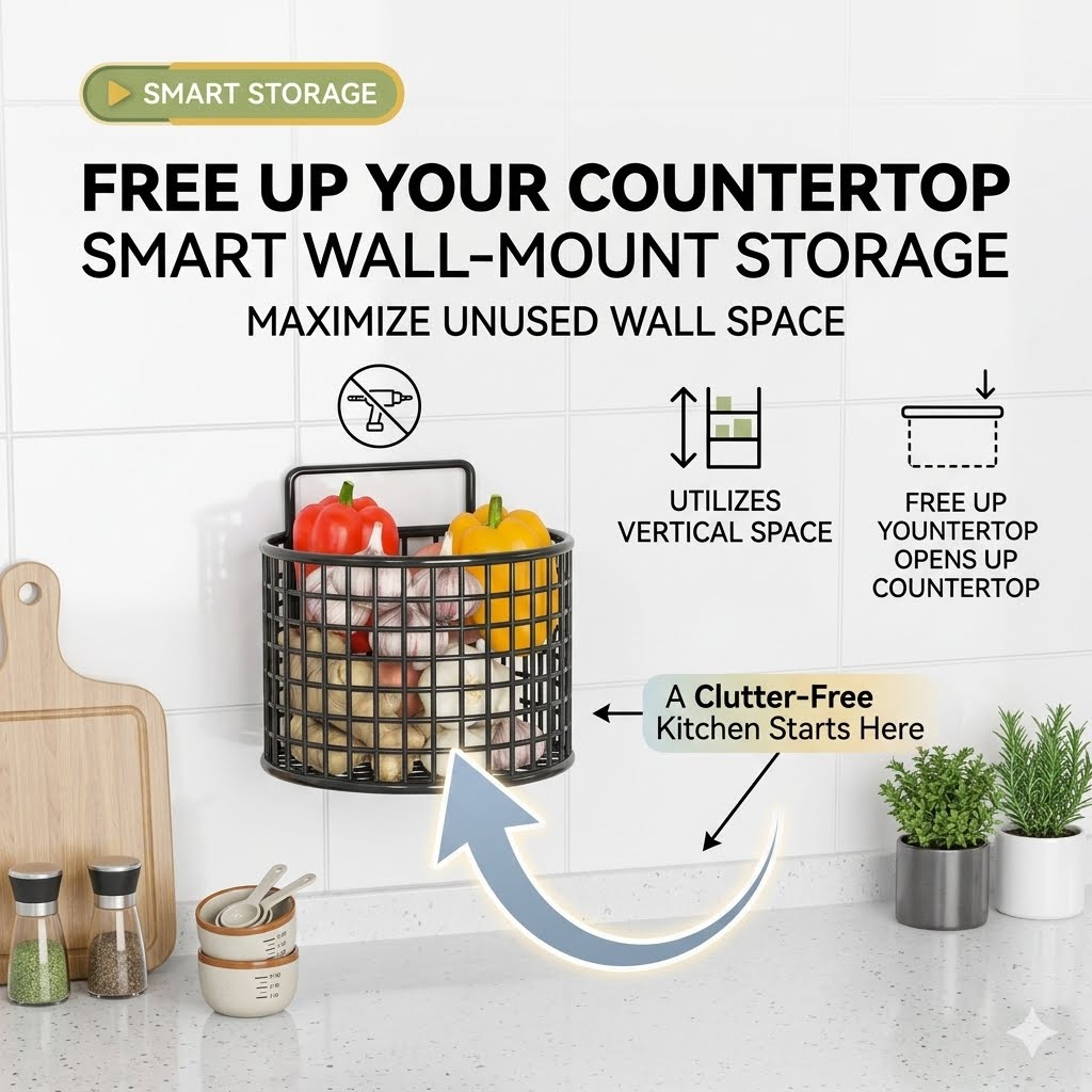 Wall-Mounted Metal Mesh Basket Rack – Space-Saving Kitchen Storage for Fruits, Veggies & Essentials 🧺✨