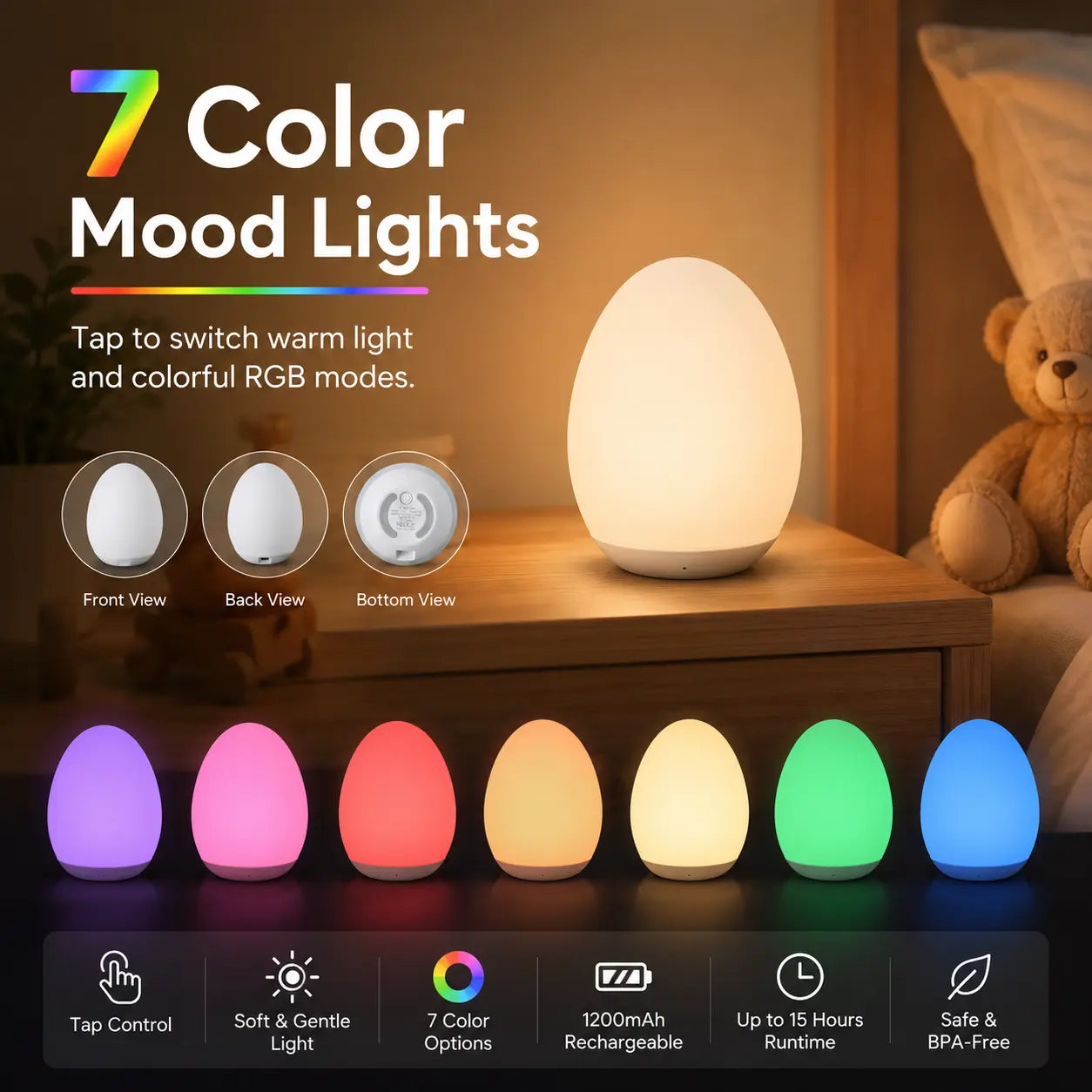 🌈 50% OFF 7-Color RGB Egg Night Light – Tap Control, Stepless Dimming & USB Rechargeable