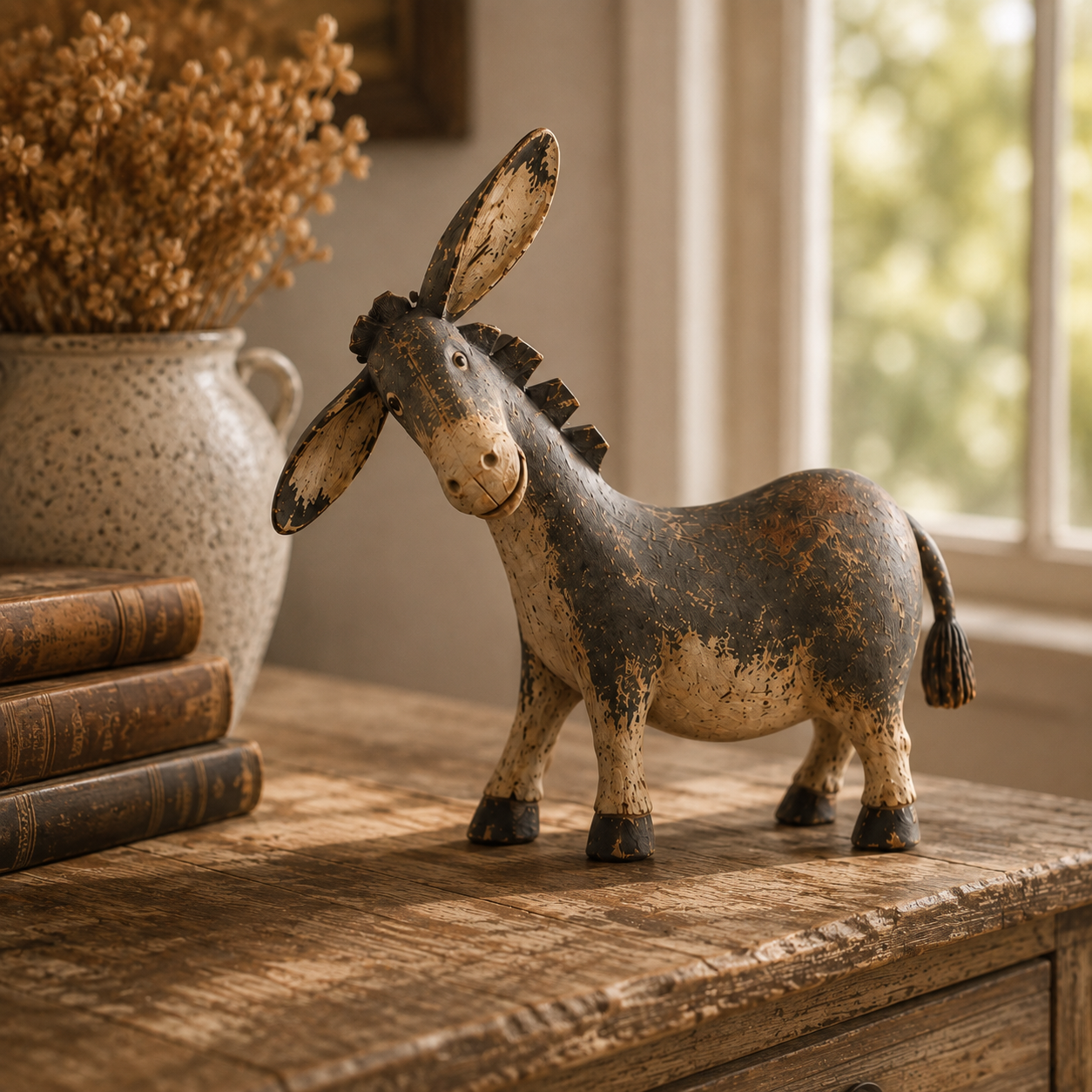 Vintage Wooden Cow Figurine with Metal Bell