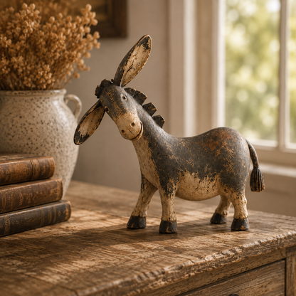 Vintage Wooden Cow Figurine with Metal Bell