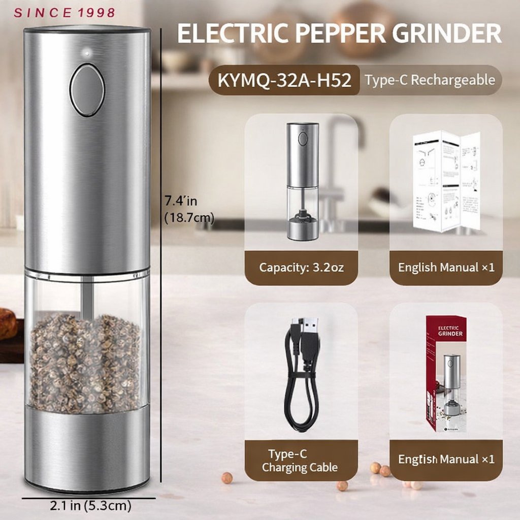 Electric Salt and Pepper Grinder Set – Rechargeable with Adjustable Coarseness