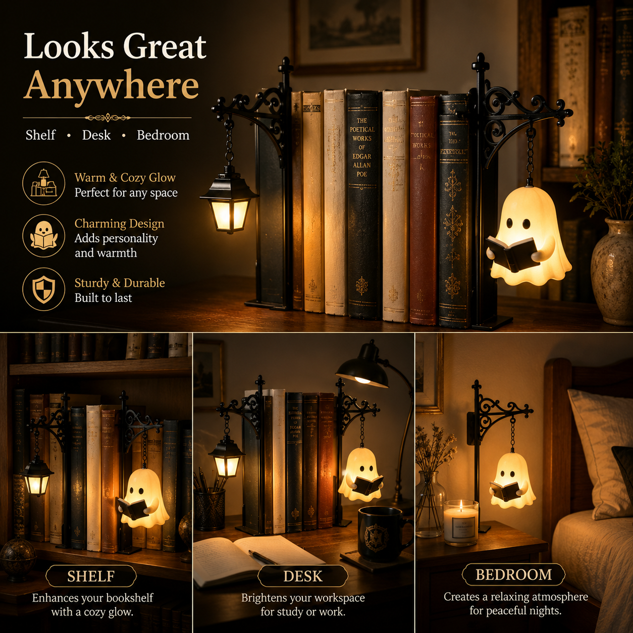 👻 Bookshelf Ghost Lantern Light – Cozy Reading Decor for Book Lovers