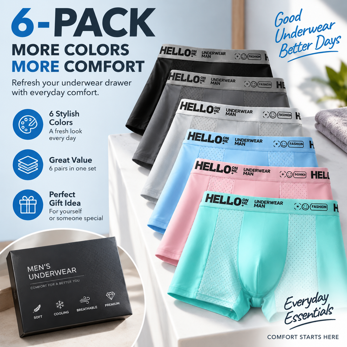 🧊 Men's Ice Silk Cooling Boxer Briefs 6-Pack | Breathable Mesh Comfort Underwear