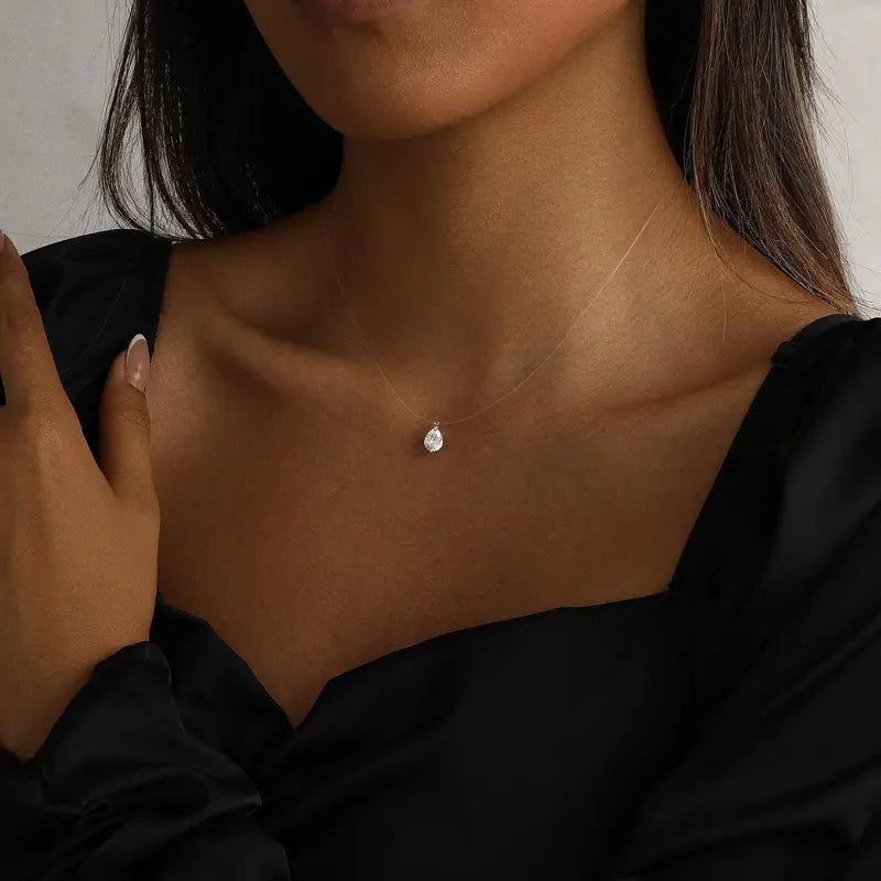 Women's Floating Cubic Zirconia Pendant Necklace on Invisible Transparent Cord