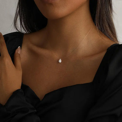 Women's Floating Cubic Zirconia Pendant Necklace on Invisible Transparent Cord