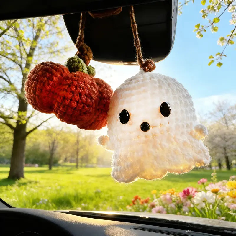 Handmade Crochet Ghost & Pumpkin Rear View Mirror Hanging Car Charm