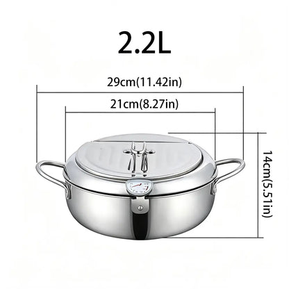 304 Grade Stainless Steel Deep Fryer Pot - Japanese Style, with Thermometer, Oil Drip Drainer Rack, Temp Control, Induction Safe for Gas Stoves, French Fries, Chicken Wings