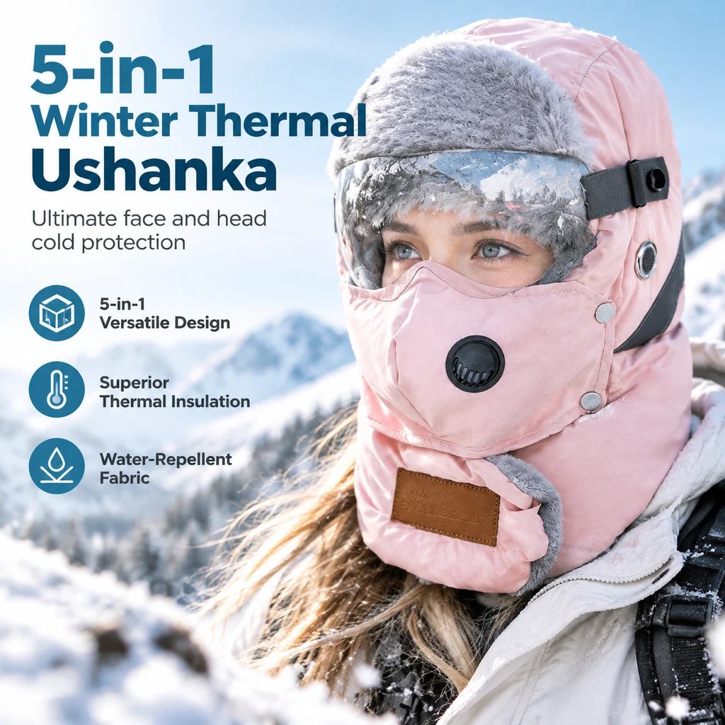 Winter thermal ushanka hat worn with its detachable face mask and goggles