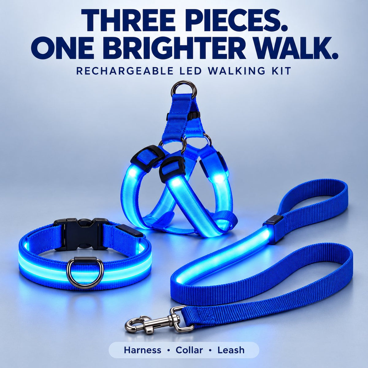 🐕 3-Piece Rechargeable LED Dog Walking Kit ✨ Light-Up Harness, Collar & Leash for Safer Night Walks！！！