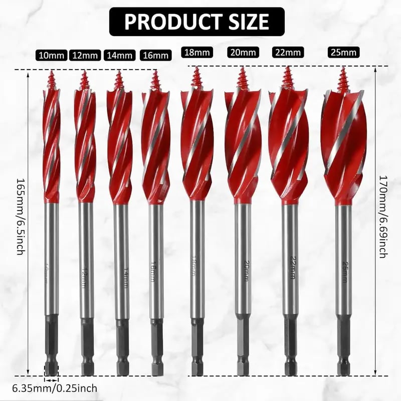 💯8PCS High Carbon Steel Wood Drill Bits Set, 4-Flute Hex Shank Wood Boring Bits 10-25mm for Timber Plastic Drilling 🛠️
