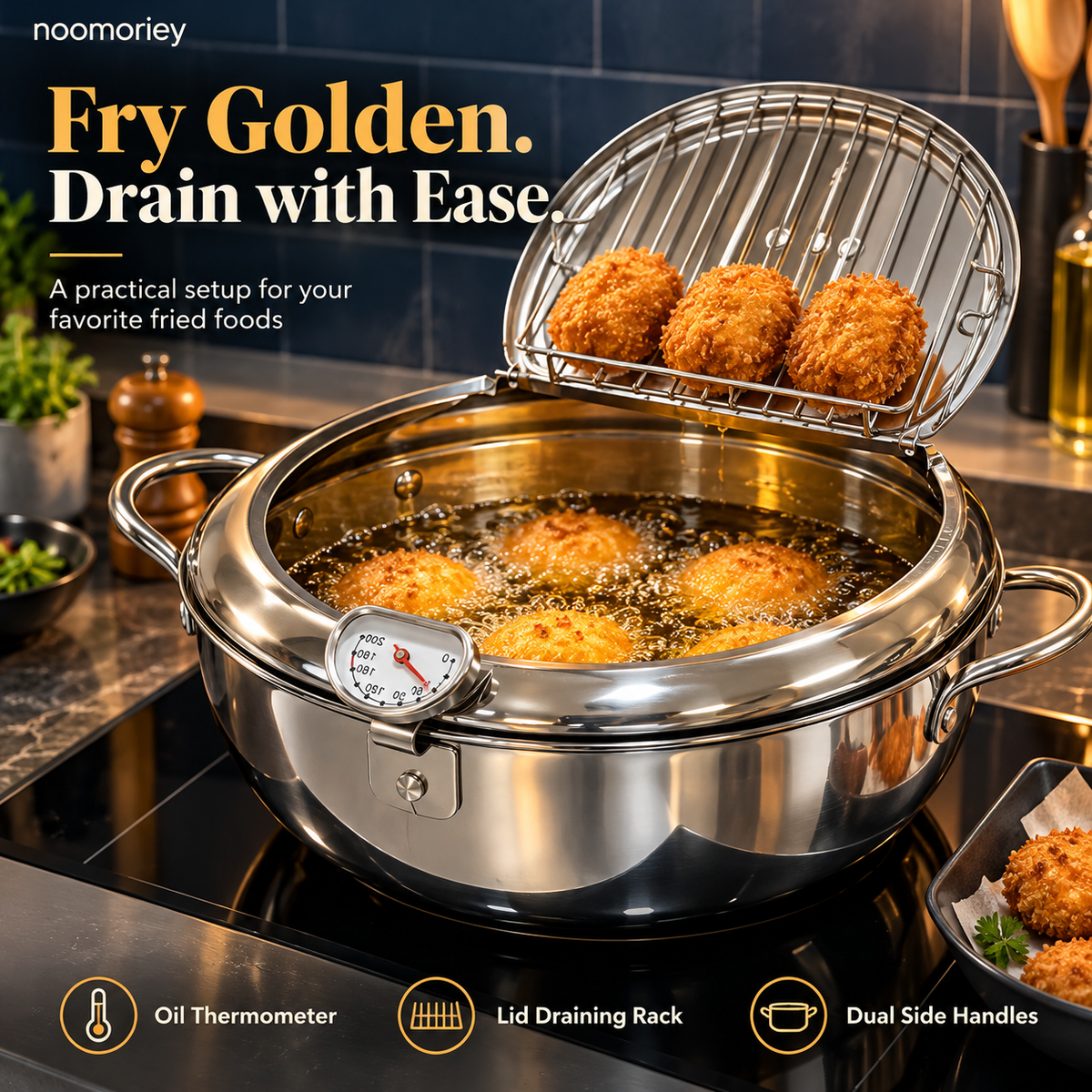 🍤 Deep Frying Pot with Thermometer & Lid Draining Rack – Dual-Handle Frying, Stir-Frying & Boiling Pot