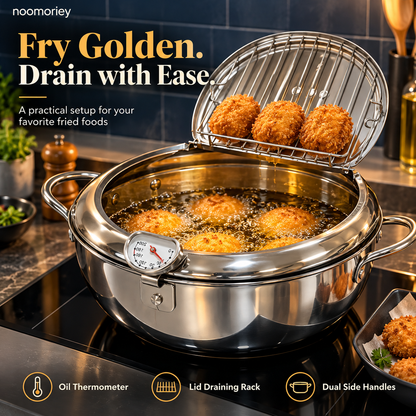 🍤 Deep Frying Pot with Thermometer & Lid Draining Rack – Dual-Handle Frying, Stir-Frying & Boiling Pot