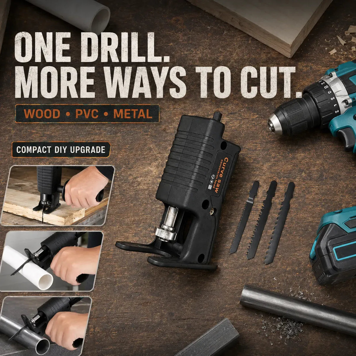 Drill-Powered Jigsaw Adapter Kit with Side Handle & 3 Blades
