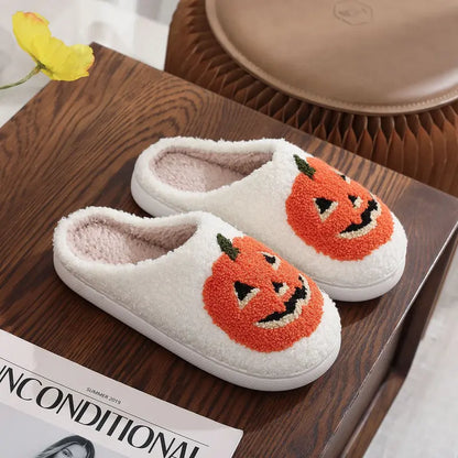 Women Men Comfy Faux Fur Lined Skull Pumpkin Plush Slippers