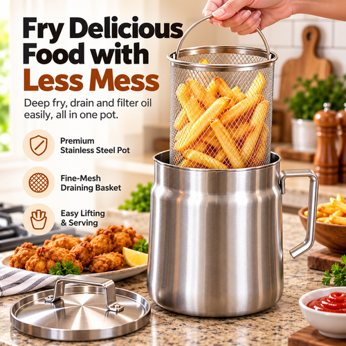🍟 Stainless Steel Deep Fryer Set with Mesh Basket & Lid