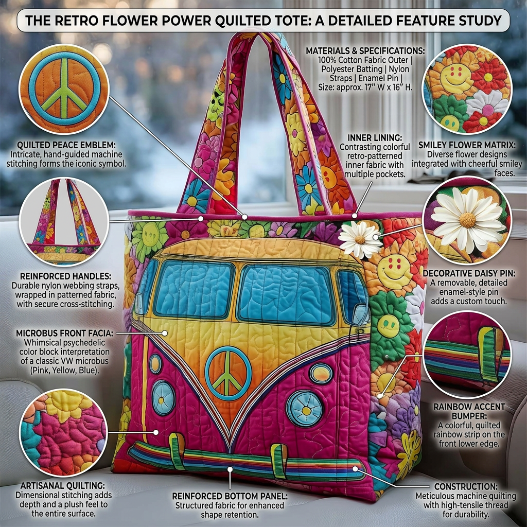 Retro Hippie Van Quilted Tote – Boho Style Meets Everyday Function 🌈🌸