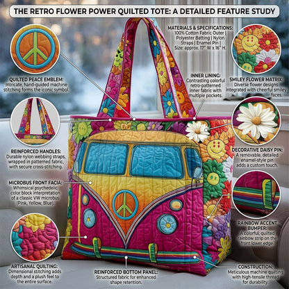 Retro Hippie Van Quilted Tote – Boho Style Meets Everyday Function 🌈🌸