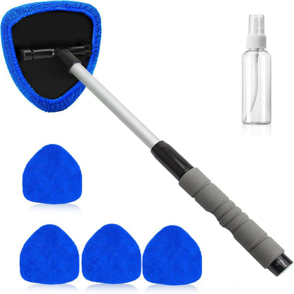 Windshield Cleaning Tool, Microfiber Car Window Cleaner with 4 Reusable and Washable Microfiber Pads and Extendable Handle