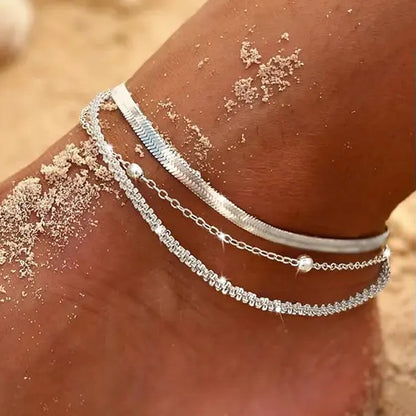 LAST DAY 49% OFF🔥Women's Silver Ankle Bracelet Set - Dainty Layered Waterproof Sparkly Herringbone Beaded Rope Chain