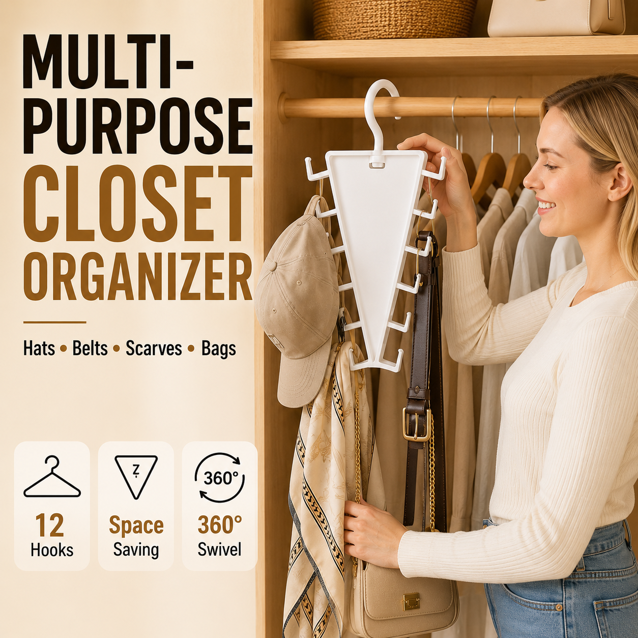 ✨ 12-Hook V-Shaped Closet Organizer – Save Space & Keep Accessories Tidy