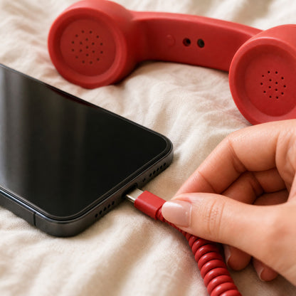 The USB-C plug on the red DialBop cord going into the charging port of a phone