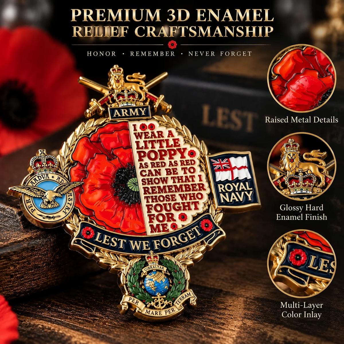 👑🌺British Armed Forces “Lest We Forget”  Tribute Metal Badge