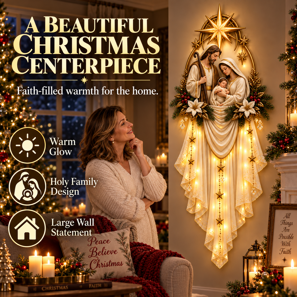 ✨✝️ Last Day 45% OFF✨Holy Family Star Veil Cascade™ – Lighted Nativity Christmas Wall Decor