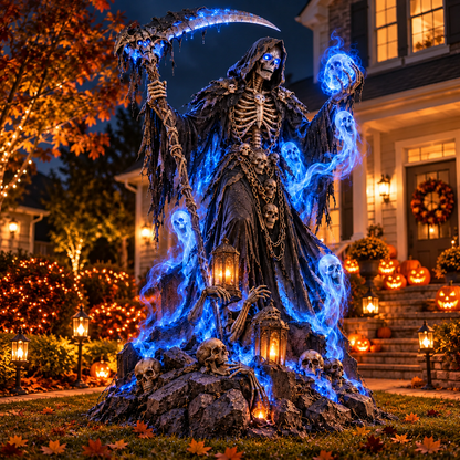 Giant Haunted Soul Reaper Lighted Halloween Yard Decoration – Glowing Grim Reaper with Ghostly Blue Spirits
