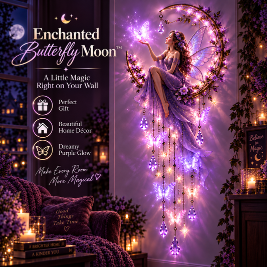 🦋 Enchanted Butterfly Moon™🌙 – Magical Fairy Starfall Wall Light with Cascading Crystal Glow