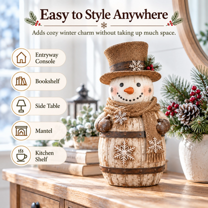 Vintage Whitewashed Barrel Snowman Figurine ⛄🪵 – Rustic Christmas Farmhouse Decor