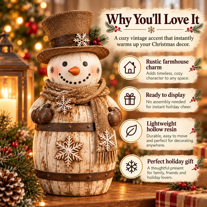 Vintage Whitewashed Barrel Snowman Figurine ⛄🪵 – Rustic Christmas Farmhouse Decor