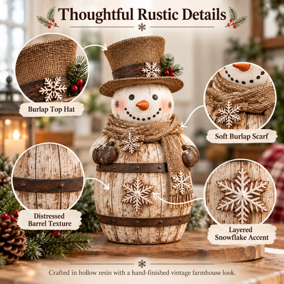Vintage Whitewashed Barrel Snowman Figurine ⛄🪵 – Rustic Christmas Farmhouse Decor