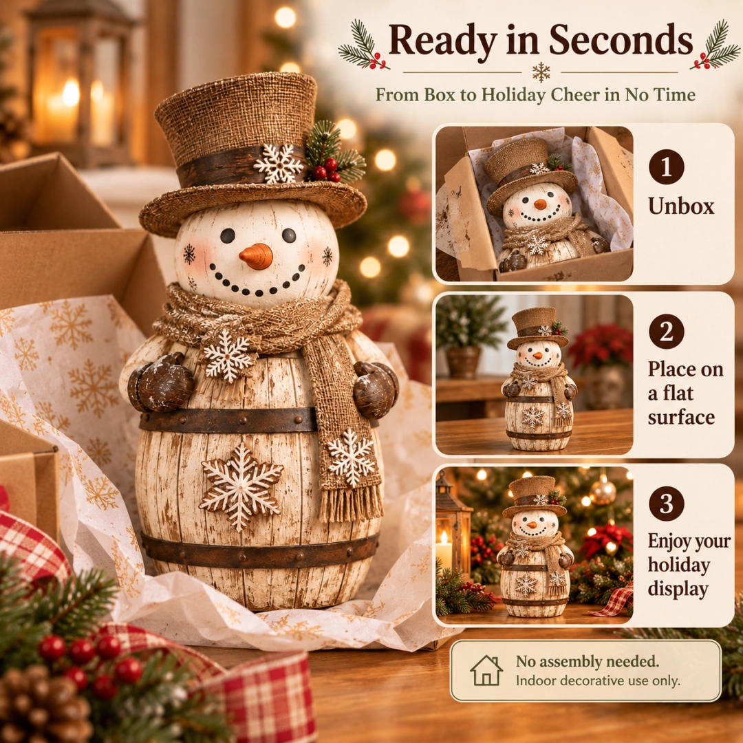 Vintage Whitewashed Barrel Snowman Figurine ⛄🪵 – Rustic Christmas Farmhouse Decor