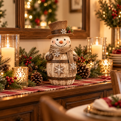 Vintage Whitewashed Barrel Snowman Figurine ⛄🪵 – Rustic Christmas Farmhouse Decor