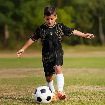 Mexico Soccer Jersey Black Aztec Warrior Gold Feather Design