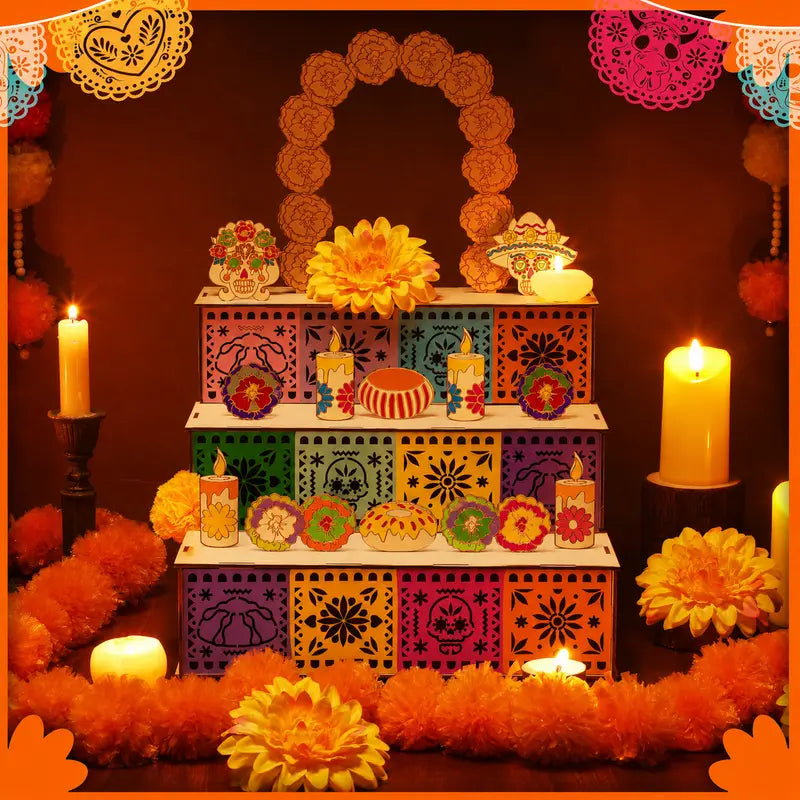 3-Tier Mexican Day of the Dead Traditional Wooden Altar Display Set
