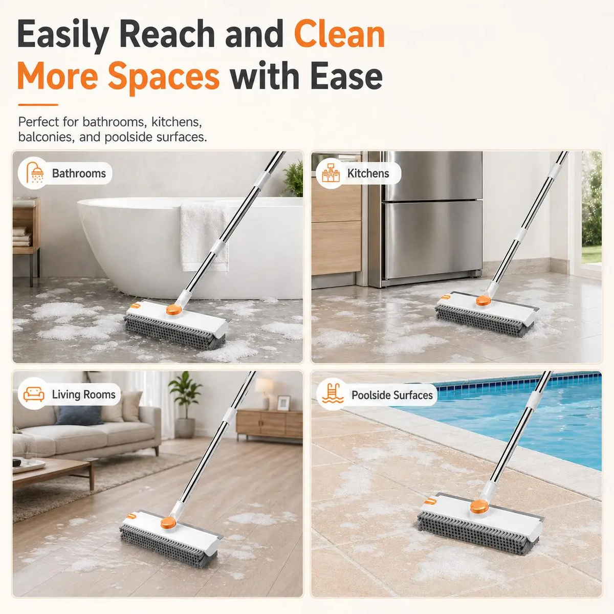 3-in-1 Floor Scrub Bathtub Brush with Long Handle, Double-Sided, Heavy-Duty Stiff Bristles & Squeegee