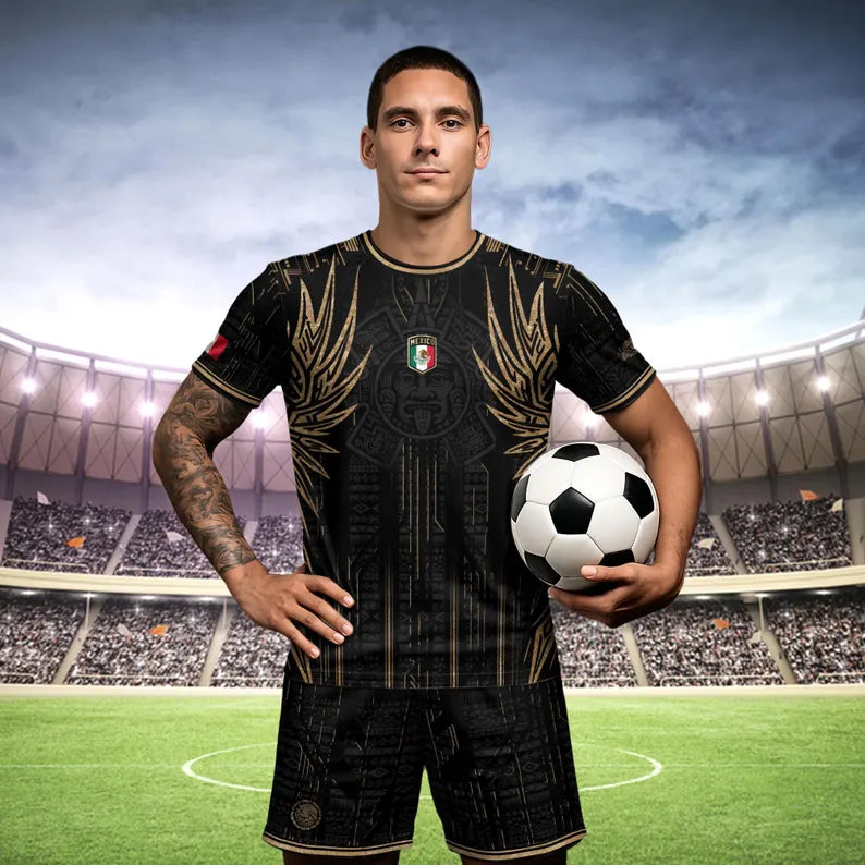 Mexico Soccer Jersey Black Aztec Warrior Gold Feather Design