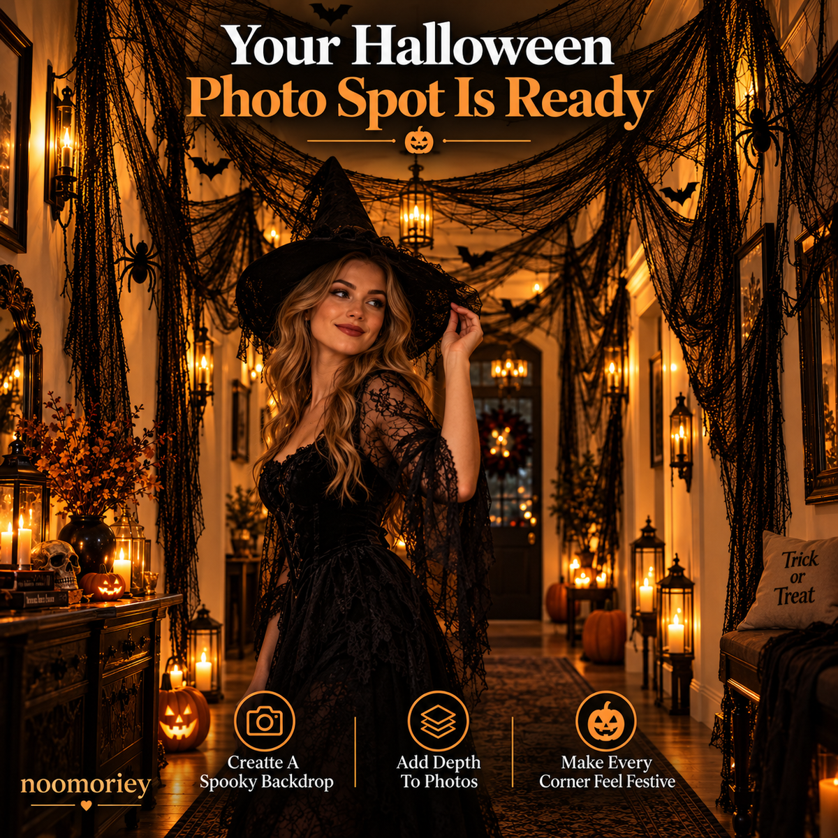 🎃 Halloween Creepy Cloth – Black Gauze Spiderweb Draping for Doorways, Stairs & Party Décor