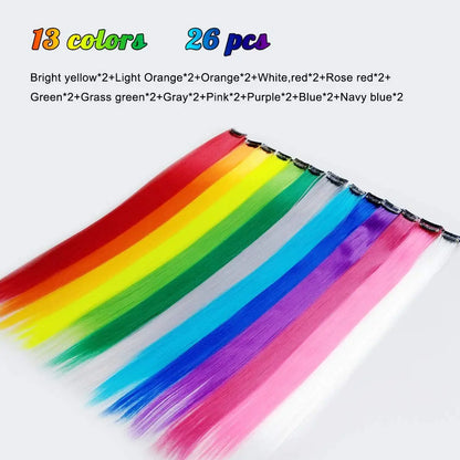 2 PCS Colored Hair Extensions 20Inch Straight Color Clip in Hair Extension Rainbow Party Highlights Synthetic Hairpiece