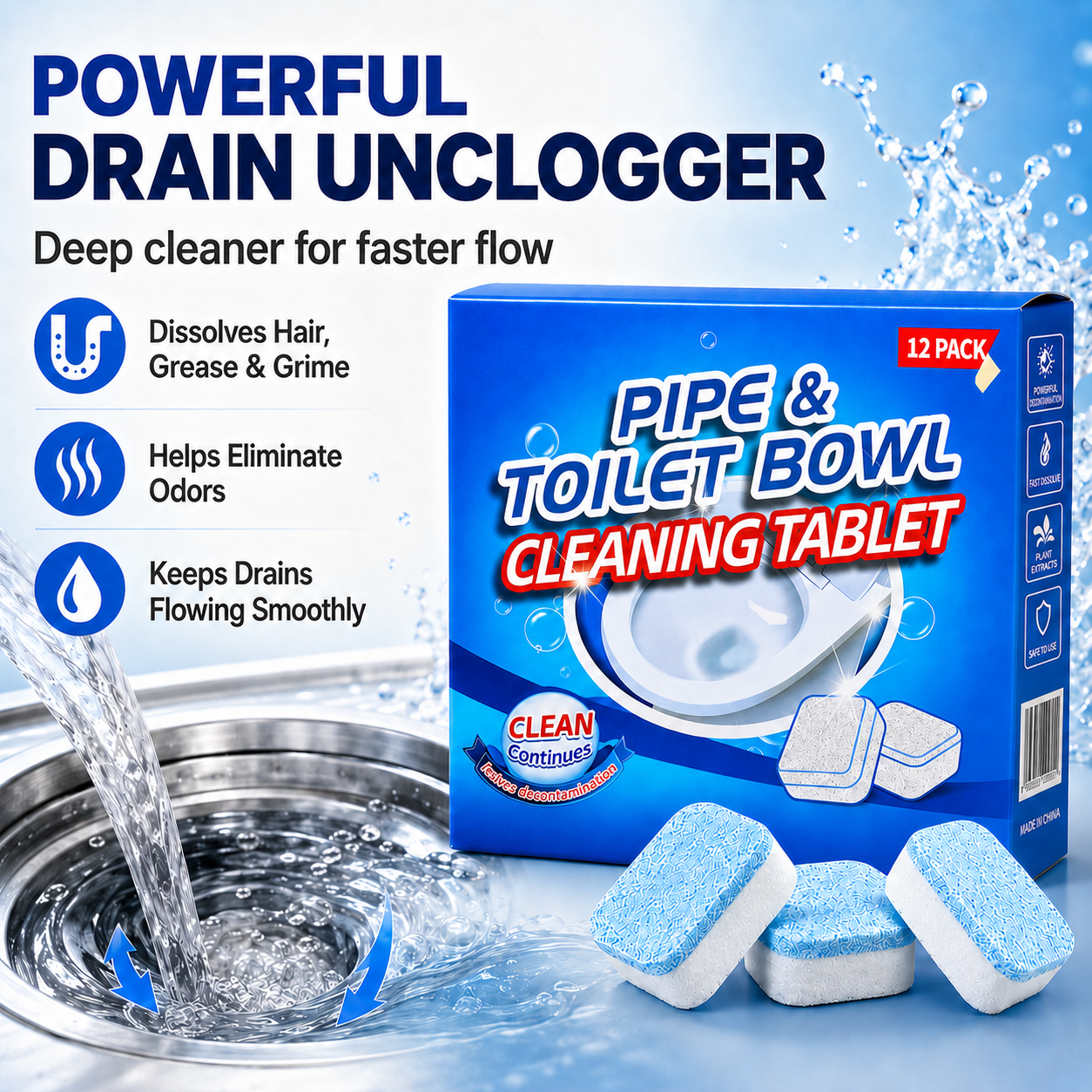 💥🫧Drain Cleaning Tablets 12 Pack For Sinks, Showers & Washing Machines