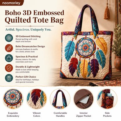 ✨ Boho Dreamcatcher Quilted Tote Bag – 3D Embroidered Feather Design, Spacious Everyday Carryall