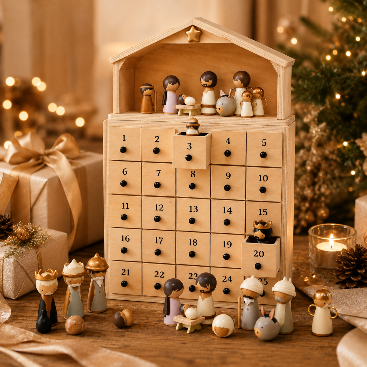 🔥100% Hand-Carved from Solid Wood -✝️Nativity Advent Calendar 2026