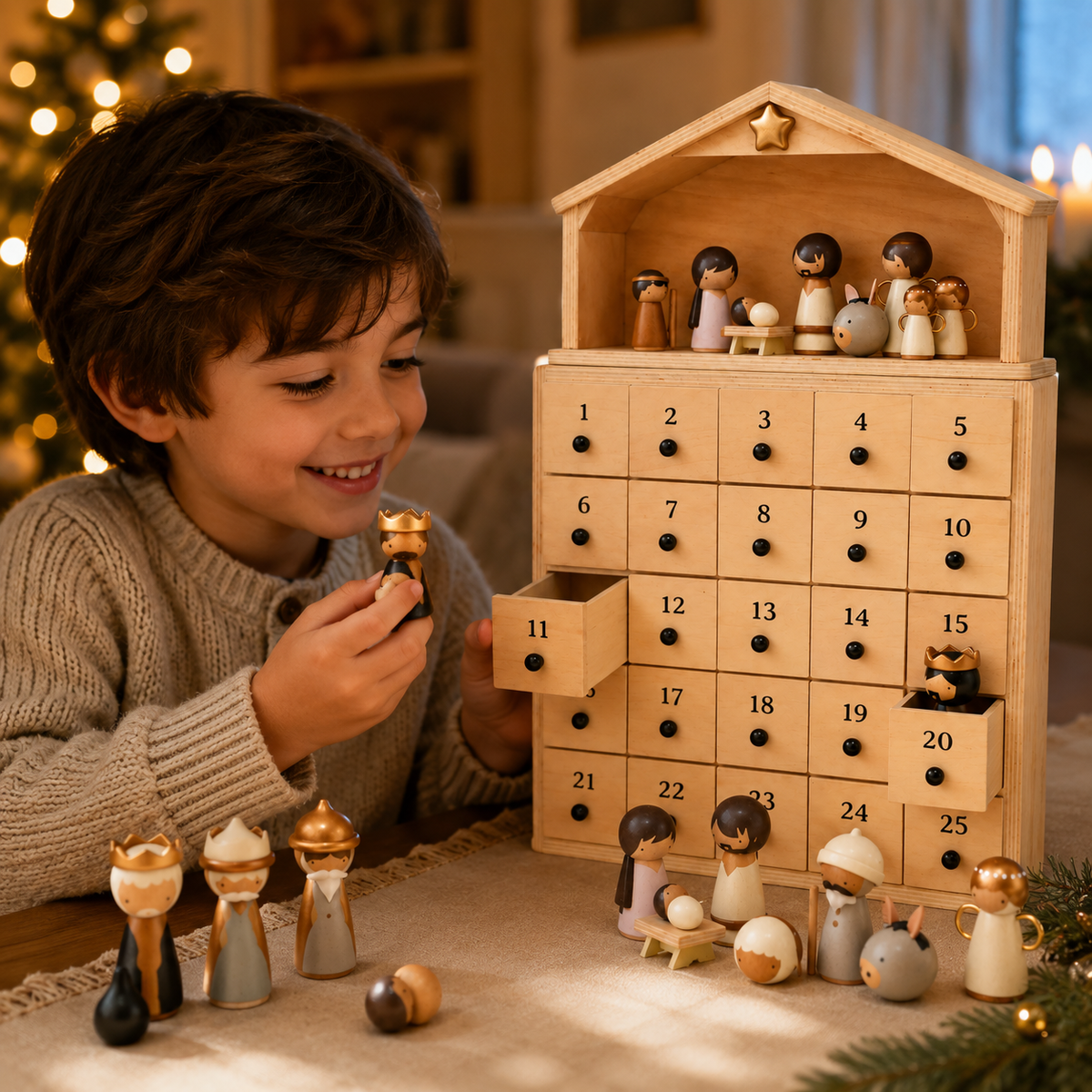 🔥100% Hand-Carved from Solid Wood -✝️Nativity Advent Calendar 2026