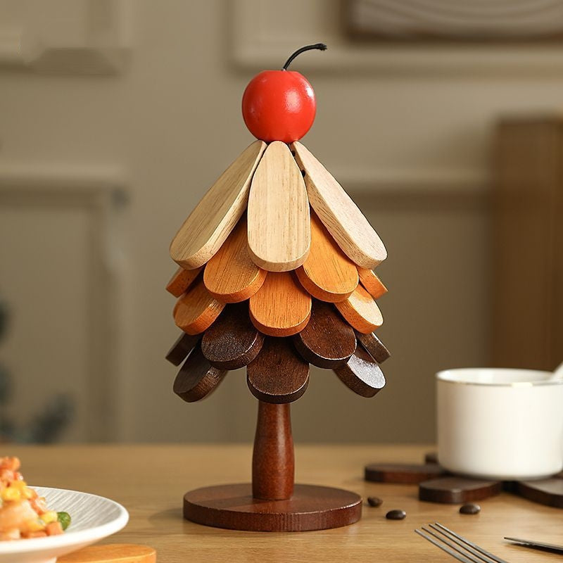 🎄 Christmas Tree Wooden Trivet Set – Foldable Hot Dish Mats with Decorative Star-Top Stand