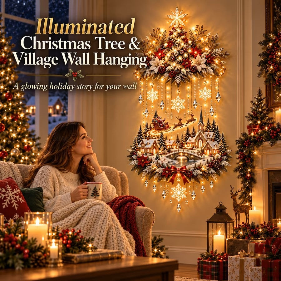 ✨Light-Up Christmas Tree & Village Wall Decor🎄Warm Holiday Glow🌟